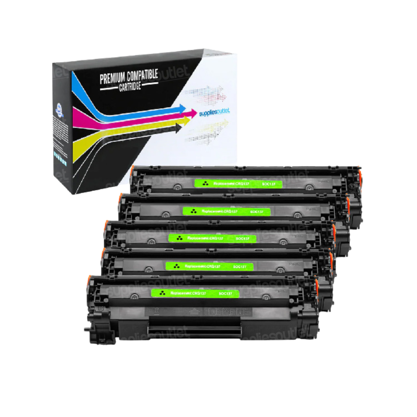 Four black toner cartridges with bright green labels arranged in front of their retail box, which features a black and white design with colorful arrows and the text 'PREMIUM COMPATIBLE CARTRIDGES'.