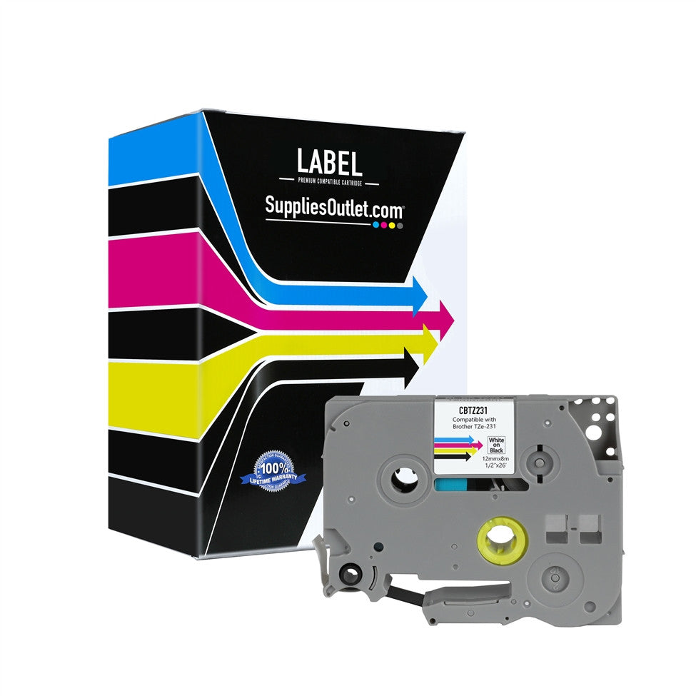 Compatible Brother Black on White TZe231 P-Touch Label Tape - Size