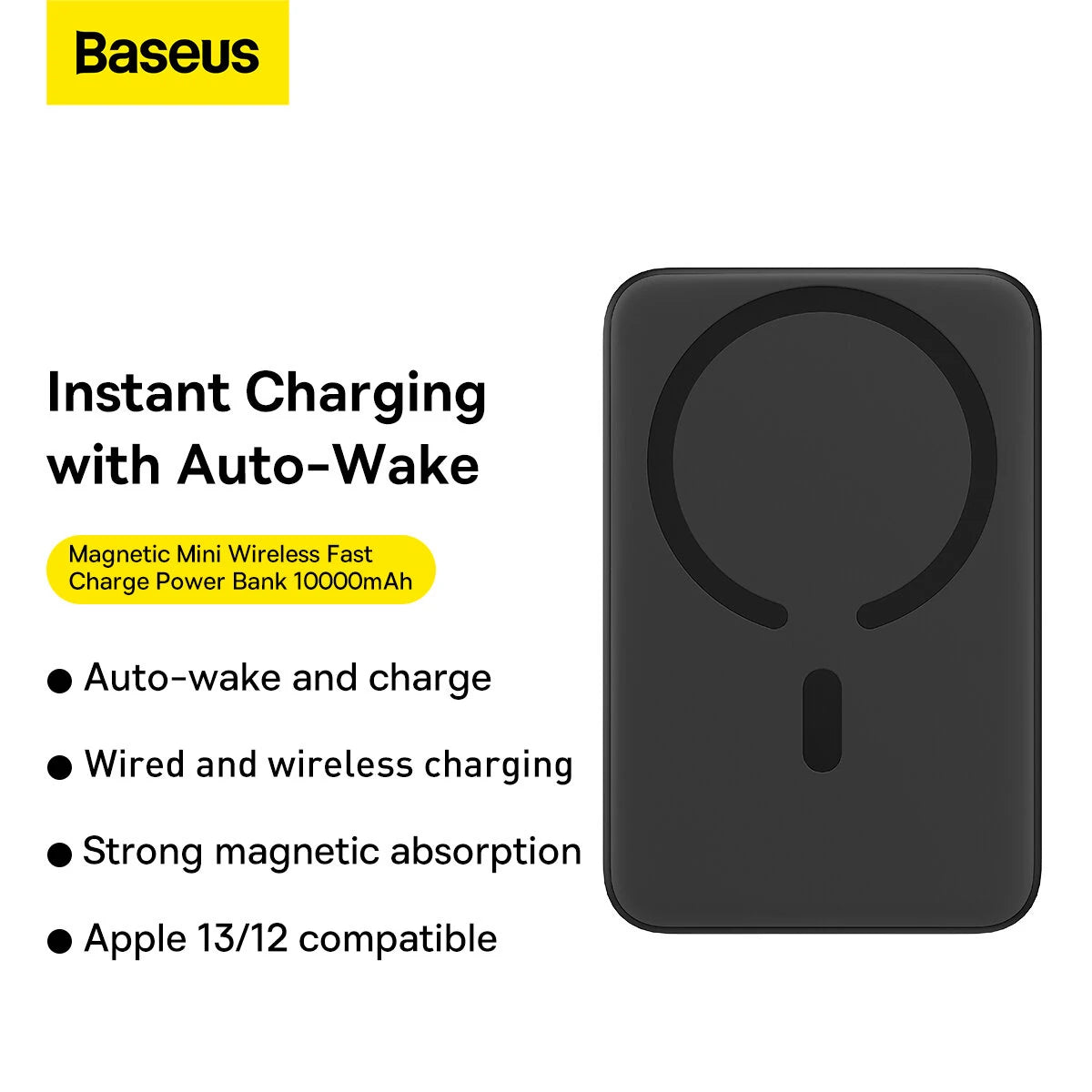 Baseus 20W 10000mAh Magnetic Mini Wireless Fast Charge Power Bank for iPhone 13 Pro Max for Samsung Galaxy Note S21 ultra Huawei Mate40 OnePlus 8 Pro - Black