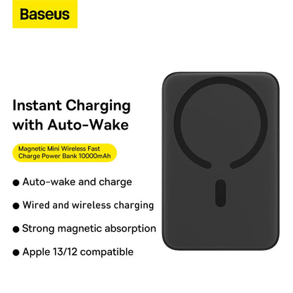 Baseus 20W 10000mAh Magnetic Mini Wireless Fast Charge Power Bank for iPhone 13 Pro Max for Samsung Galaxy Note S21 ultra Huawei Mate40 OnePlus 8 Pro - Black