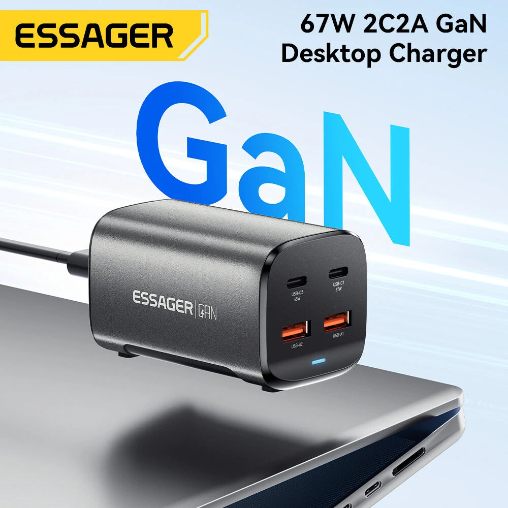 ESSAGER ES-CD35 67W 4-Port USB PD Charger 2USB-A+2USB-C PD3.0 QC4.0 AFC FCP SCP PPS BC1.2 DCP Apple2.4A Fast Charging Wall Charger Adapter EU Plug US Plug with 1M C8