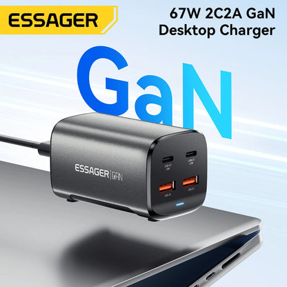 ESSAGER ES-CD35 67W 4-Port USB PD Charger 2USB-A+2USB-C PD3.0 QC4.0 AFC FCP SCP PPS BC1.2 DCP Apple2.4A Fast Charging Wall Charger Adapter EU Plug US Plug with 1M C8