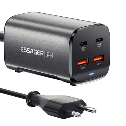 ESSAGER ES-CD35 67W 4-Port USB PD Charger 2USB-A+2USB-C PD3.0 QC4.0 AFC FCP SCP PPS BC1.2 DCP Apple2.4A Fast Charging Wall Charger Adapter EU Plug US Plug with 1M C8