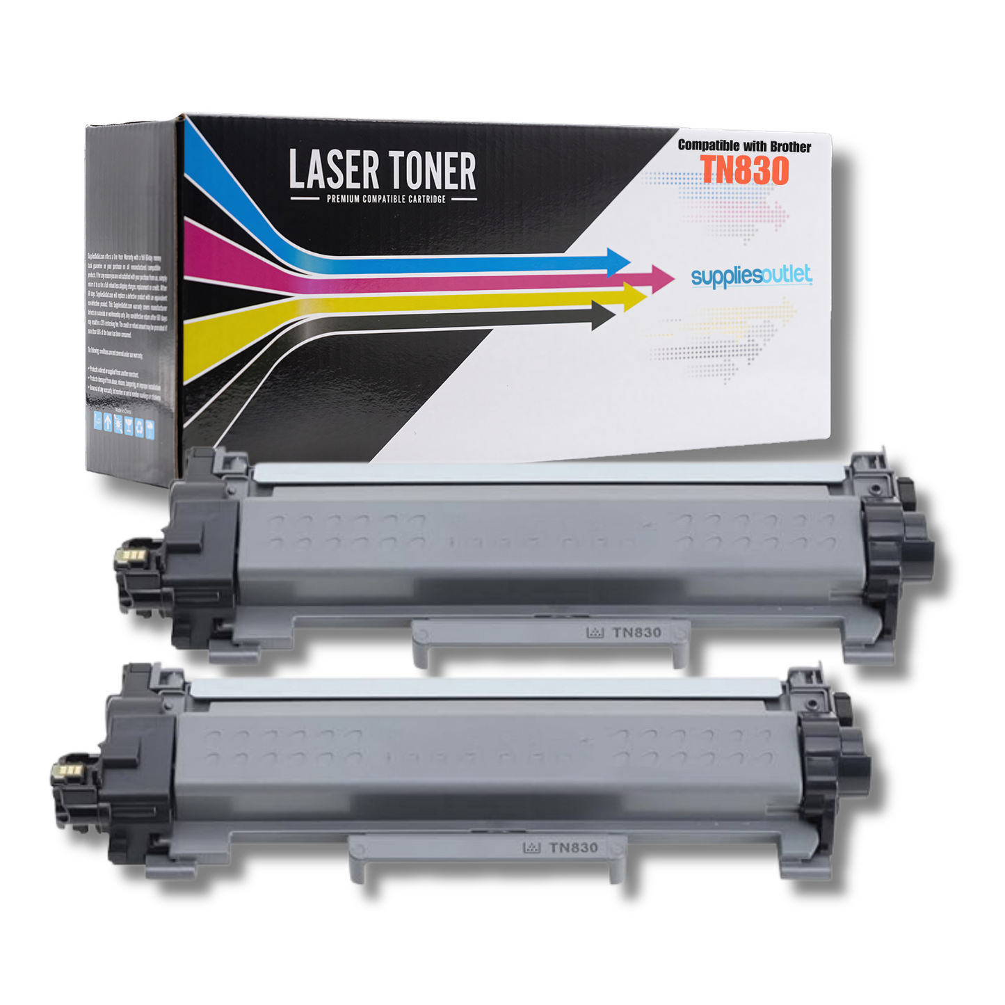 A black toner cartridge compatible with Brother printers, displayed alongside its packaging box which has colorful accents and branding details.