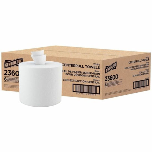 Genuine Joe 2-Ply Centerpull Paper Towels, 100% Recycled, 600 Sheets Per Roll, Pack Of 6 Rolls