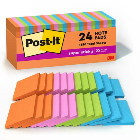 Post-it Super Sticky Notes, 3 in x 3 in, 24 Pads, 70 Sheets/Pad, 2x the Sticking Power, School and Office Supplies, Energy Boost Collection