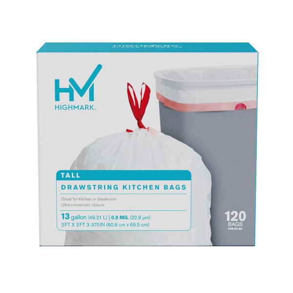 Highmark Tall 0.9 mil Drawstring Kitchen Trash Bags, 0.9mil, 13 Gallon, 27.375" x 24", White, Box Of 120