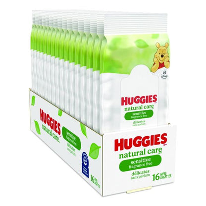 Huggies Natural Care Sensitive Baby Wipes, 6.6 x 6.86, Unscented, White, 16/Pack, 16 Packs/Carton