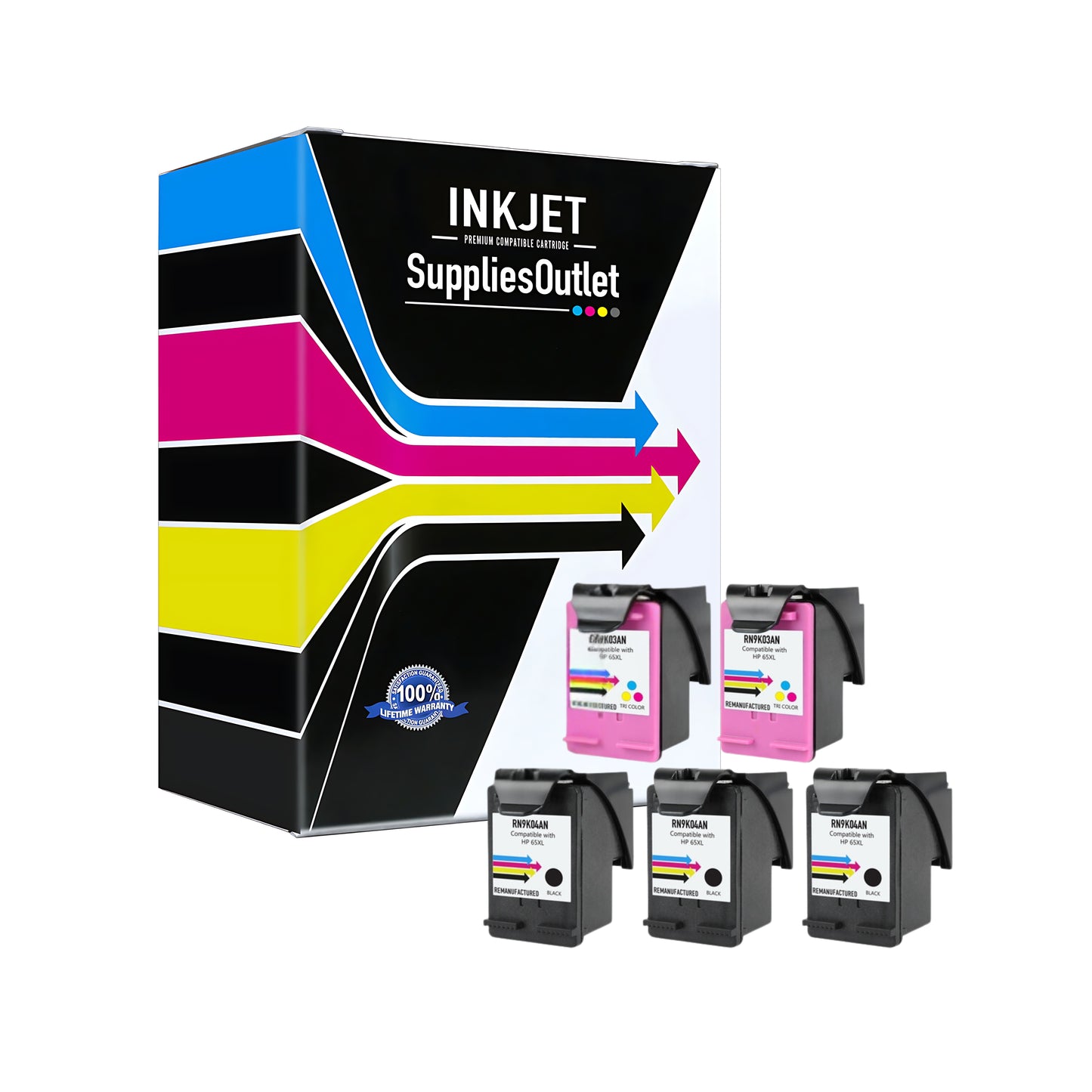 Remanufactured HP 65XL (N9K04AN) Black and Tri-Color High Yield Ink Cartridge - 300 Page Yield