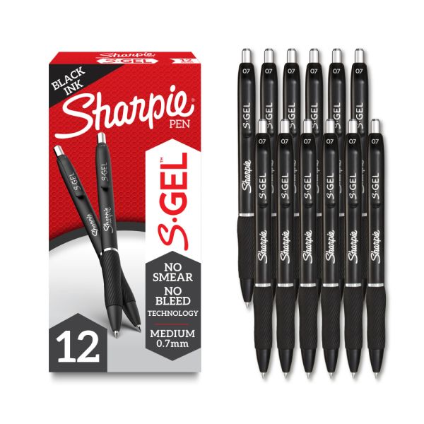 Sharpie S Gel Pens, Medium Point, 0.7 mm, Black Barrel, Black Ink, Pack Of 12 Pens