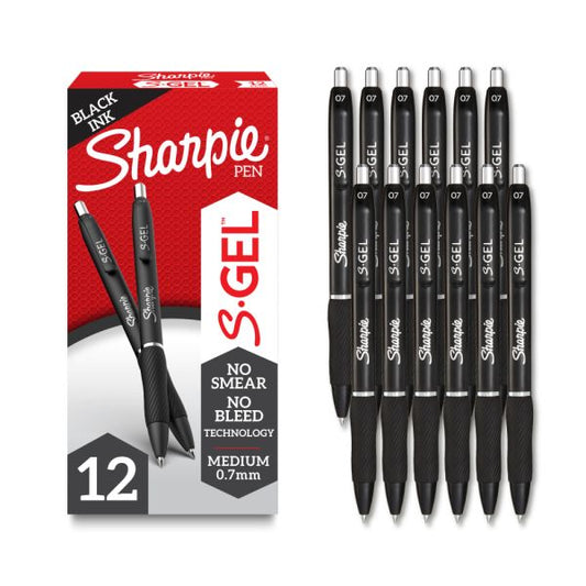 Sharpie S Gel Pens, Medium Point, 0.7 mm, Black Barrel, Black Ink, Pack Of 12 Pens