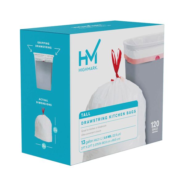 Highmark Tall 0.9 mil Drawstring Kitchen Trash Bags, 0.9mil, 13 Gallon, 27.375" x 24", White, Box Of 120