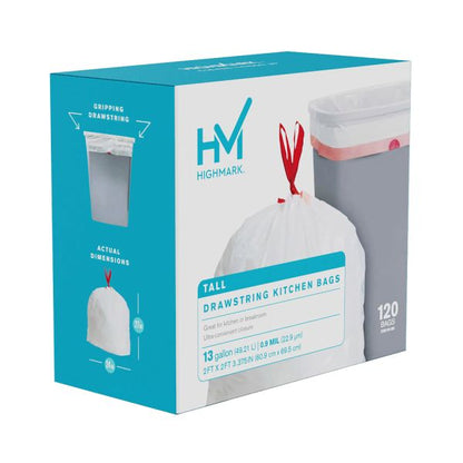 Highmark Tall 0.9 mil Drawstring Kitchen Trash Bags, 0.9mil, 13 Gallon, 27.375" x 24", White, Box Of 120