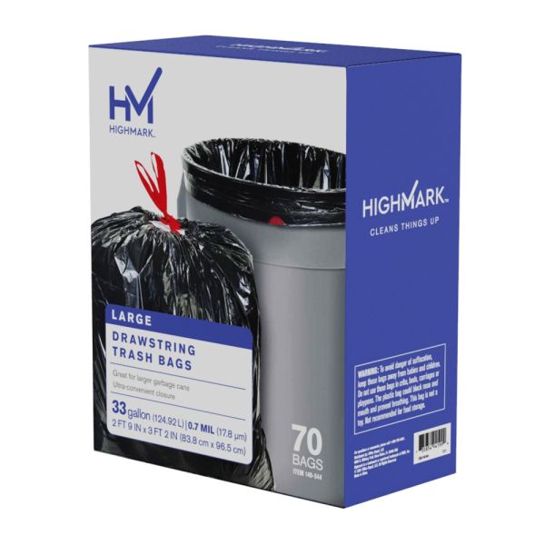 Highmark Large Drawstring Trash Bags, 0.7 mil, 33 Gallon, Black, Box Of 70 Bags