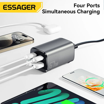 ESSAGER ES-CD35 67W 4-Port USB PD Charger 2USB-A+2USB-C PD3.0 QC4.0 AFC FCP SCP PPS BC1.2 DCP Apple2.4A Fast Charging Wall Charger Adapter EU Plug US Plug with 1M C8