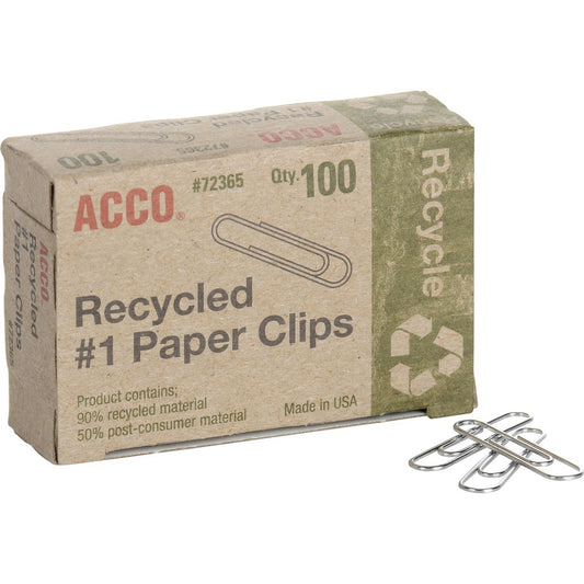 ACCO Recycled Paper Clips No. 1 - 1.3" Length - 10 Sheet Capacity - Durable, Reusable - 100 / Box - Silver - Metal