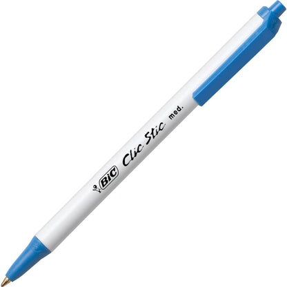 BIC Clic Stic Retractable Ballpoint Pens, Medium Point, 1.0 mm, White Barrel, Blue Ink, Pack Of 12