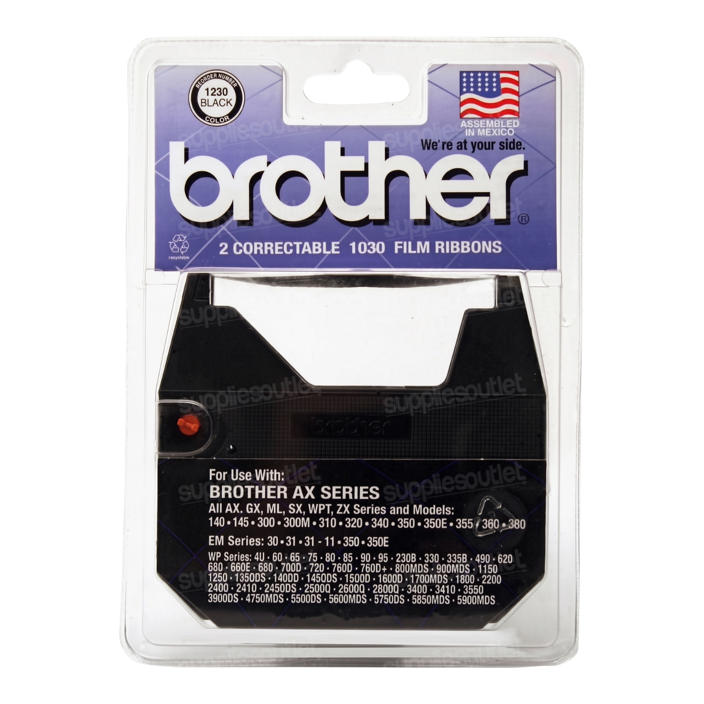 A Brother 1030 film ribbon package in clear plastic retail blister packaging with a purple and white Brother logo header and an American flag graphic.