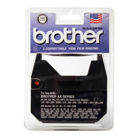 A Brother 1030 film ribbon package in clear plastic retail blister packaging with a purple and white Brother logo header and an American flag graphic.