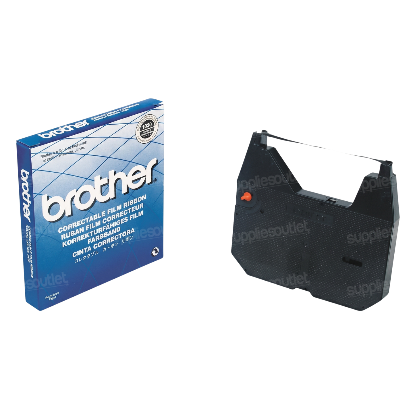 Brother connectable film ribbon cartridge shown next to its blue retail box on a white background. The black ribbon cartridge has a small orange indicator and a white ribbon loop, with 'brother' printed on the box.