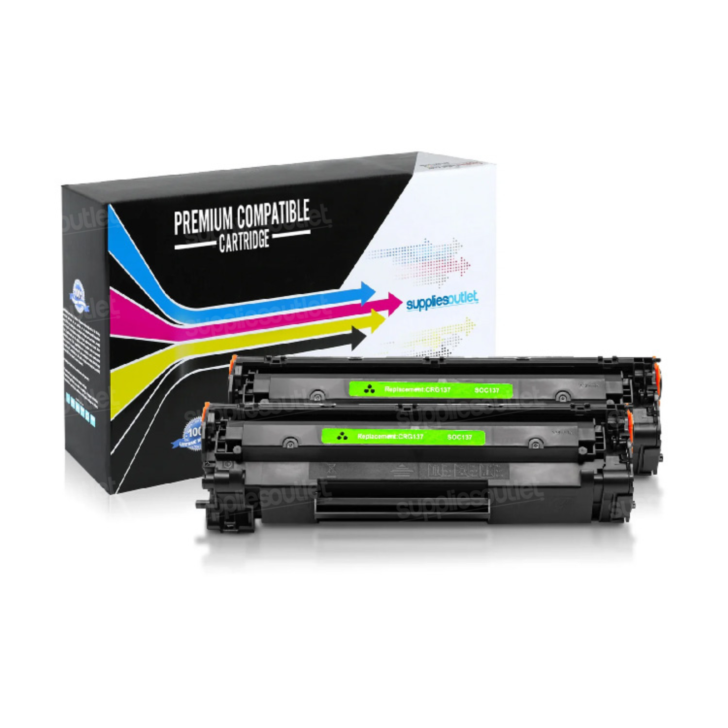Two black toner cartridges with bright green labels placed in front of their retail box. The box is black with white text and colorful cyan, magenta, and yellow arrow graphics.