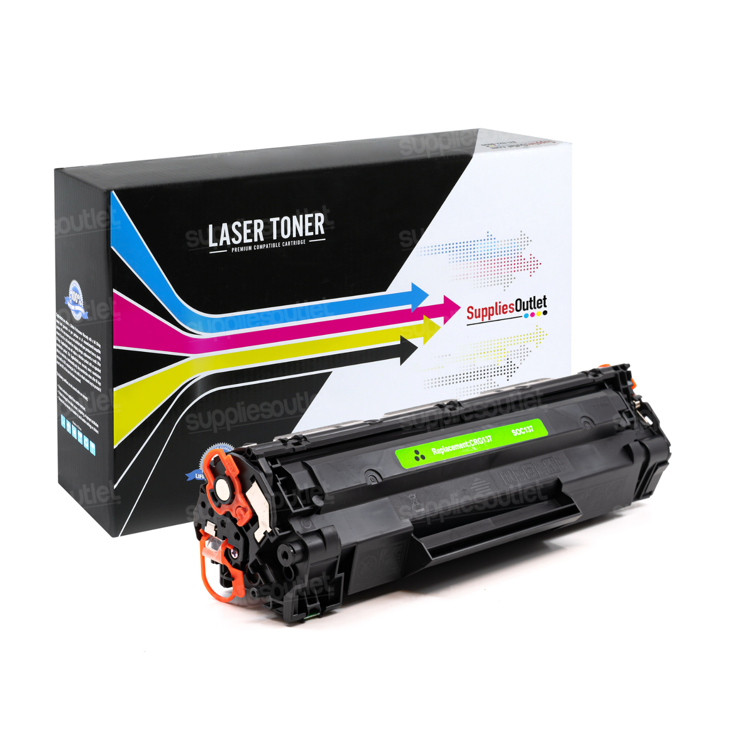 A black laser toner cartridge with a green label and orange internal components, shown in front of its black, white, and multicolor retail box on a white background.