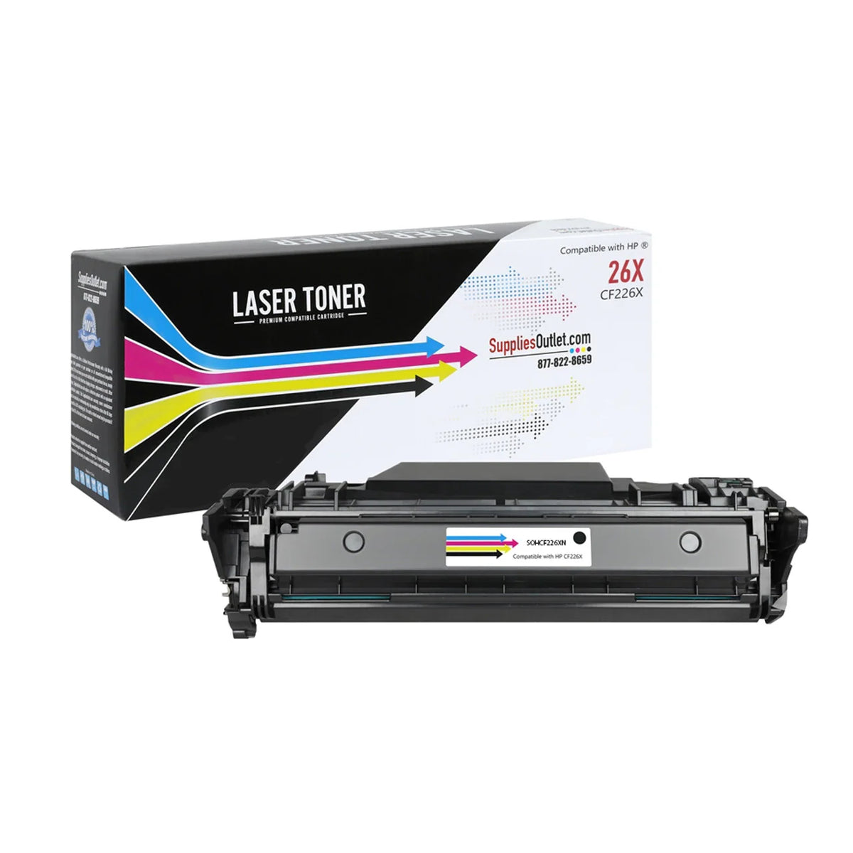 A black laser toner cartridge in front of its retail box on a plain white background. The box is black with blue, pink, and yellow graphic arrows and text including 'LASER TONER', '26X', and 'Compatible with HP 250/254'.