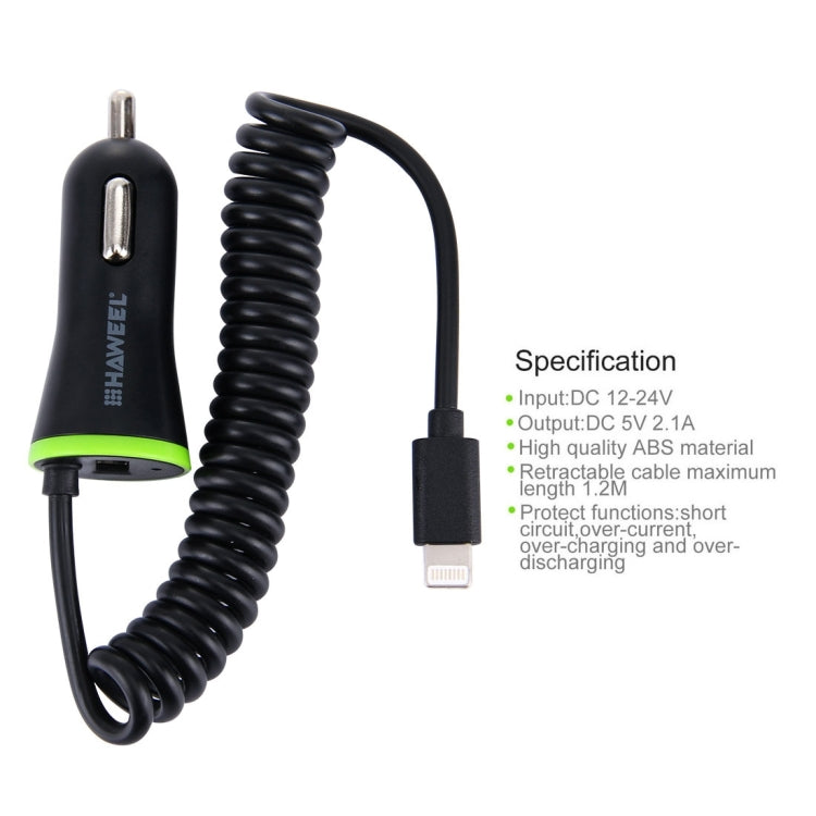 HAWEEL 5V 2.1A 8 pin USB Car Charger with Spring Cable, Length: 25cm-120cm