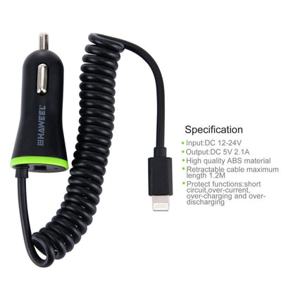 HAWEEL 5V 2.1A 8 pin USB Car Charger with Spring Cable, Length: 25cm-120cm