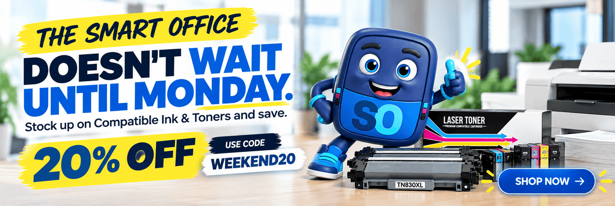 Promotional banner for toner ink cartridges featuring a cartoon blue printer character with the text 'SO' and 'The Smart Office Doesn't Wait Until Monday.' Large sale text reads '20% OFF' with 'Use Code Weekend20,' and a 'Shop Now' button appears over a desk scene with printer cartridges and office supplies.