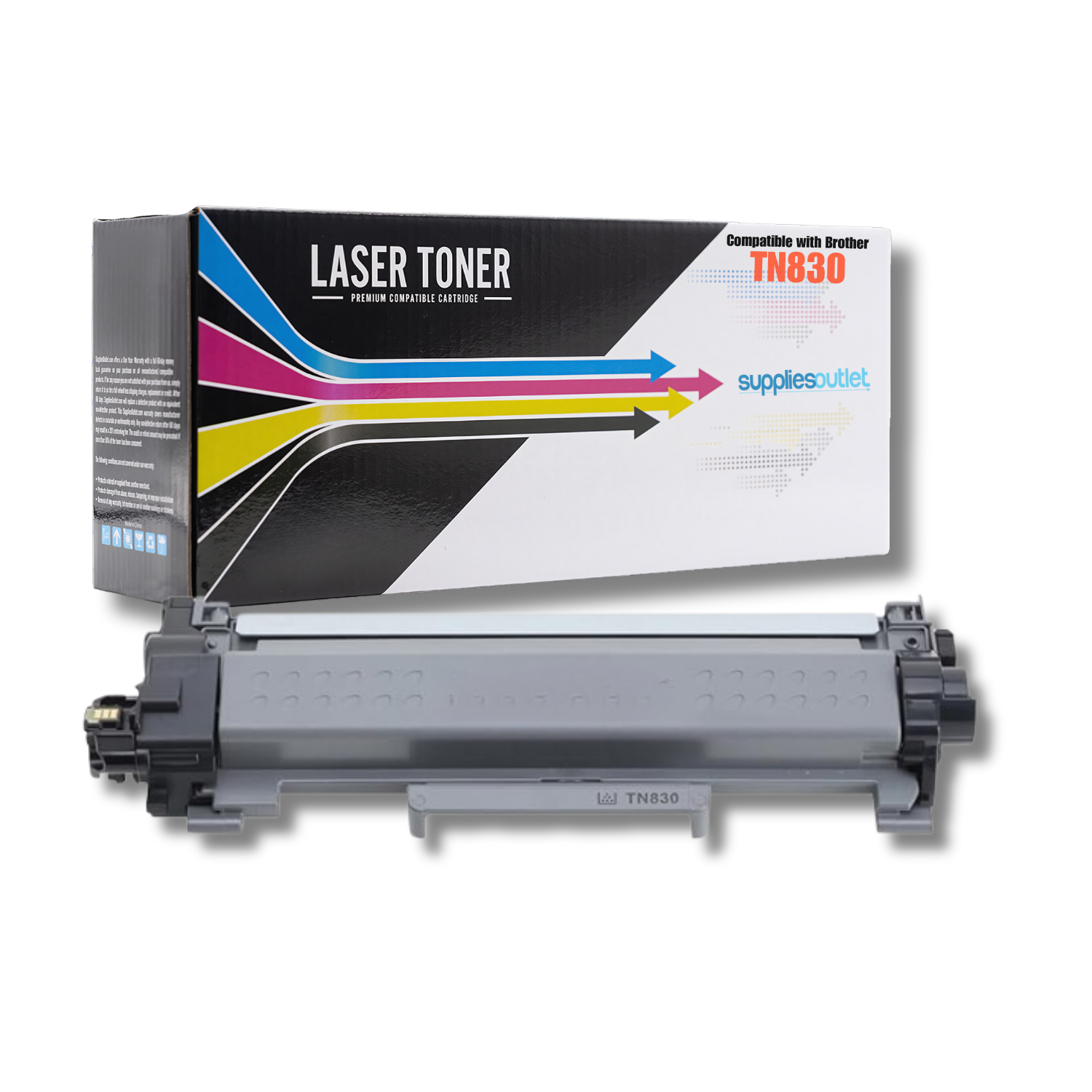 Brother TN830 Black Toner  Laser toner cartridge with packaging on a white background