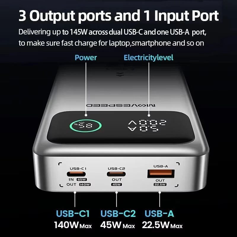 MOVESPEED M25Pro 145W 25000mAh Power Bank LED Display External Battery Power Supply with 1 Input & 3 Outputs Support PD3.1 Fast Charging for iPhone 16 16 Pro 15 14 13 Pro Max for Xiaomi 15pro for Samsung Galaxy S25 Ultra - Silver
