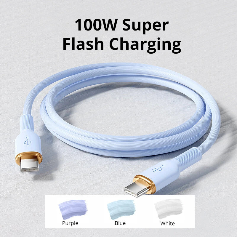 100W Type-C to Type-C Fast Charging Cable 6A Super Charge Silicone USB-C Data Cable for Android Phones 1m 2m