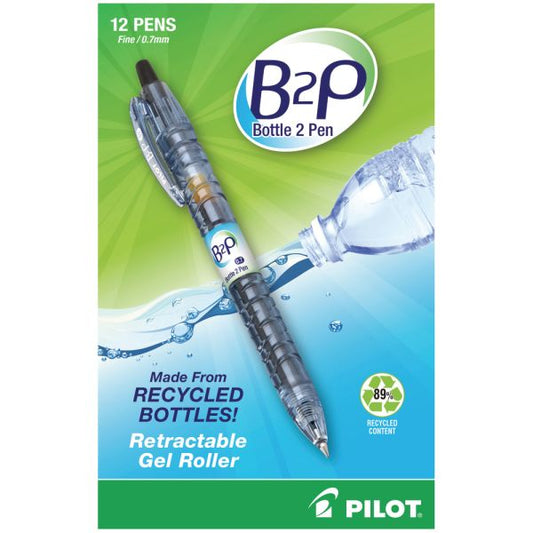 Pilot "Bottle to Pen" B2P Retractable Gel Pens, Fine Point, 0.7 mm, 89% Recycled, Translucent Barrel, Black Ink, Pack Of 12