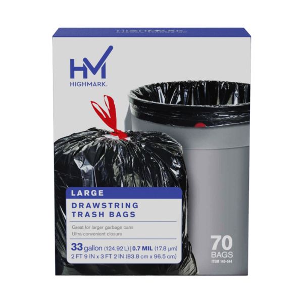Highmark Large Drawstring Trash Bags, 0.7 mil, 33 Gallon, Black, Box Of 70 Bags