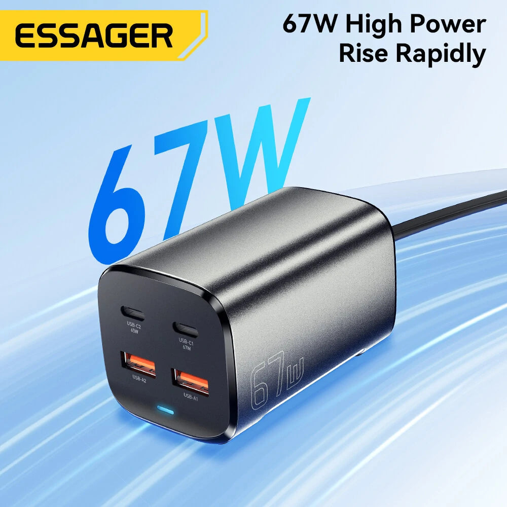ESSAGER ES-CD35 67W 4-Port USB PD Charger 2USB-A+2USB-C PD3.0 QC4.0 AFC FCP SCP PPS BC1.2 DCP Apple2.4A Fast Charging Wall Charger Adapter EU Plug US Plug with 1M C8 Power Cable - EU Plug