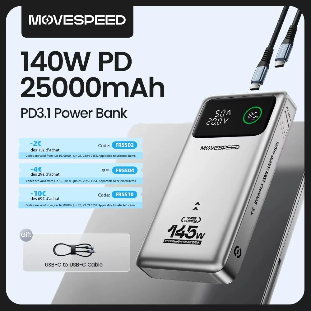 MOVESPEED M25Pro 145W 25000mAh Power Bank LED Display External Battery Power Supply with 1 Input & 3 Outputs Support PD3.1 Fast Charging for iPhone 16 16 Pro 15 14 13 Pro Max for Xiaomi 15pro for Samsung Galaxy S25 Ultra - Silver
