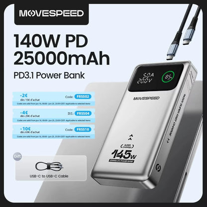 MOVESPEED M25Pro 145W 25000mAh Power Bank LED Display External Battery Power Supply with 1 Input & 3 Outputs Support PD3.1 Fast Charging for iPhone 16 16 Pro 15 14 13 Pro Max for Xiaomi 15pro for Samsung Galaxy S25 Ultra - Silver