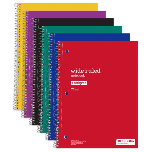 Just Basics Spiral Notebook, 8" x 10-1/2", Wide Ruled, 70 Sheets, Assorted Colors, Pack Of 6 Notebooks