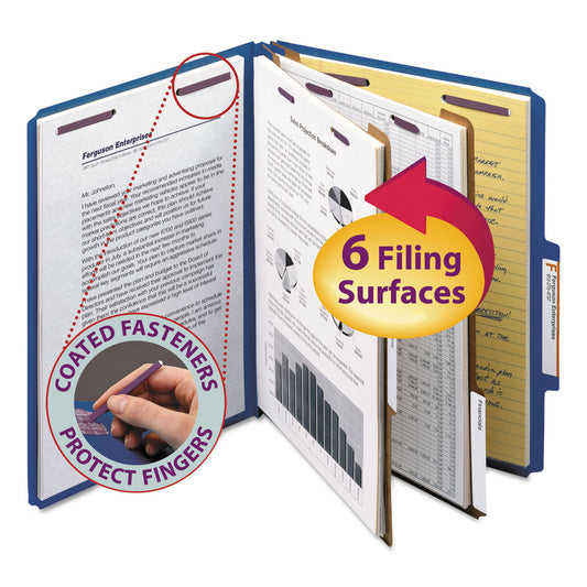 Smead Six-Section Colored Pressboard Top Tab Classification Folders with SafeSHIELD Coated Fasteners