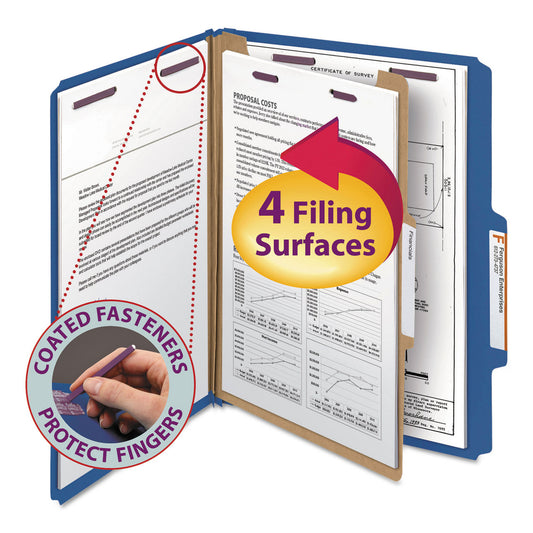 Smead Four-Section Colored Pressboard Top Tab Classification Folders with SafeSHIELD Coated Fasteners