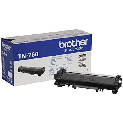 Brother TN-760 genuine toner cartridge packaging with a black toner cartridge
