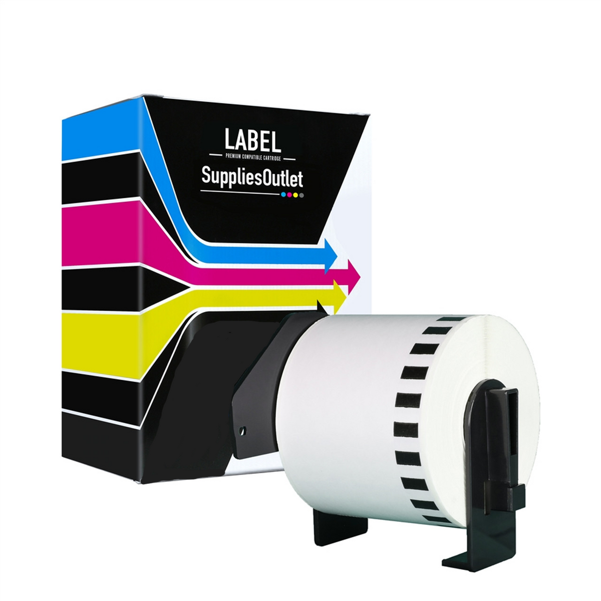 A graphic representation of a white continuous paper tape cartridge compatible with Supplies outlet label printers, displayed alongside a colored box with the SuppliesOutlet brand.