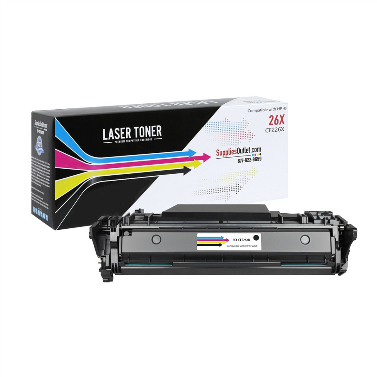 A black HP 26X (CF226X) high yield toner cartridge with its retail packaging, Supplies Outlet box, which is colorful with branding and a smaller image of the toner cartridge.